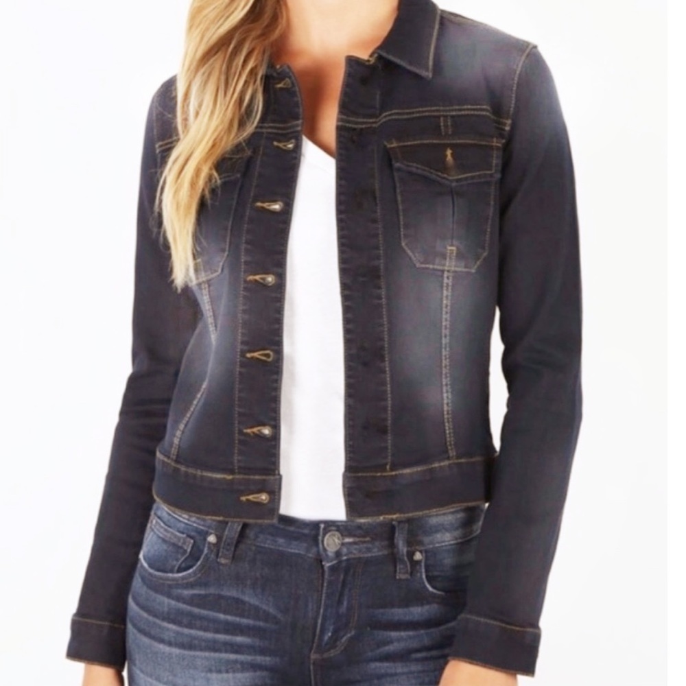 Kut From The Kloth Cropped Denim Trucker Jacket Dark Wash Size Small Med…